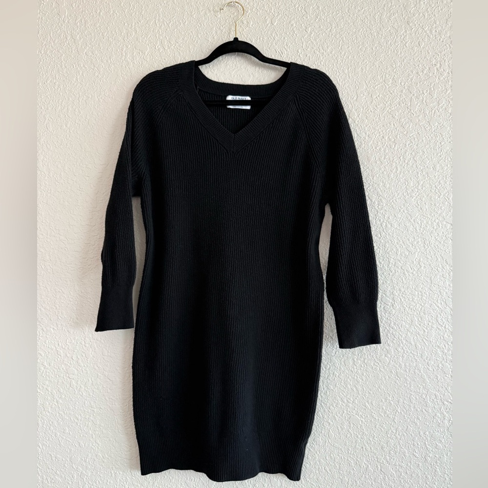 Old Navy V-Neck Rib Knit Mini Sweater Dress, Black, Petite Medium